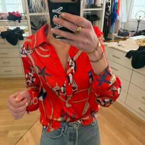 Red Nautical Print Button-Up Shirt XS